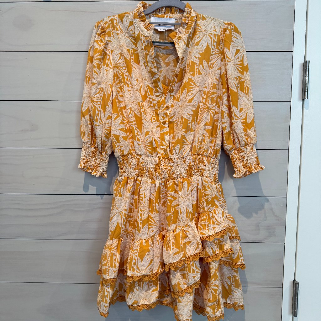 The Shirt By Rochelle Behrens Palm Print Mini Dress Xs Yellow White Ruffled